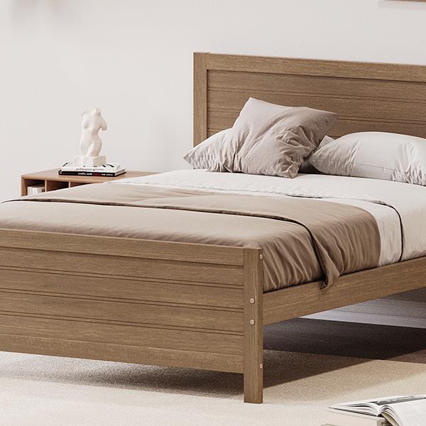 Wood Platform Bed Frame with Headboard, Mattress Foundation with Wood Slat Support, No Box Spring Needed, Full Size, Walnut