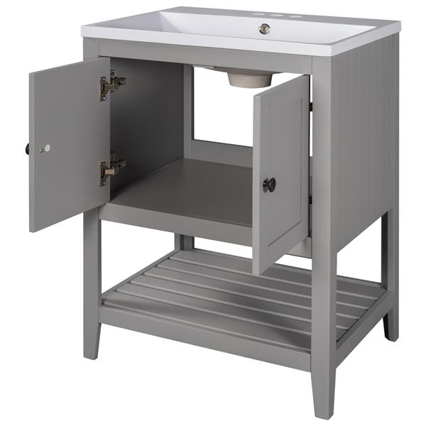 [VIDEO] 24" Grey Modern Sleek Bathroom Vanity Elegant Ceramic Sink with Solid Wood Frame Open Style Shelf