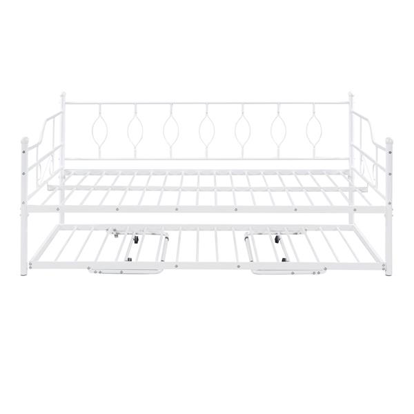 Full Size Metal Daybed with Twin Size Adjustable Trundle, Portable Folding Trundle, White