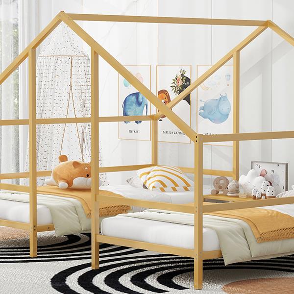 Metal Double Twin Size Triangular House Beds with Built-in Table, Gold