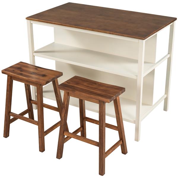 Solid Wood Rustic 3-piece 45" Stationary Kitchen Island Set with 2 Seatings, Rubber Wood Butcher Block Dining Table Set Prep Table Set with 2 Open Shelves for Small Places,Walnut+Cream White