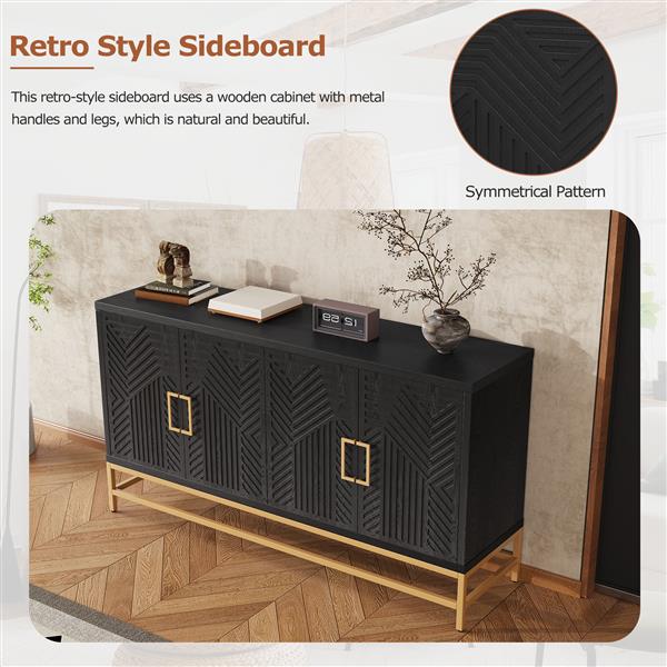 Retro Style Sideboard with Adjustable Shelves, Rectangular Metal Handles and Legs for  Kitchen, Living room, and Dining Room  (Black)