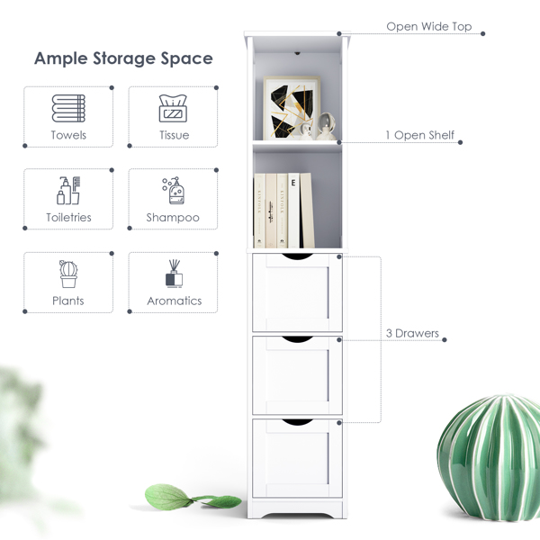 Bathroom Tall Storage Cabinet, Slim Free Standing Cabinet with 3 Drawers and 2 Shelves,Floor Cabinet for Small Space, 11.8" D x 12.6" W x 57.5" H, White 