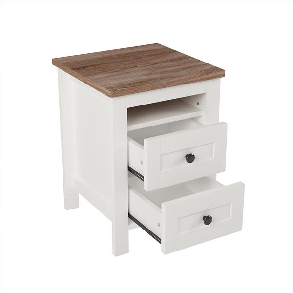 2-Drawer Farmhouse Wooden Nightstand with Well-proportioned Design and Sleek Lines, Wood Side Table with Storage Cabinet for Bedroom, White+Brown