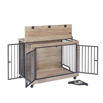 Furniture Style Dog Crate Side Table With Rotatable Feeding Bowl, Wheels, Three Doors, Flip-Up Top Opening. Indoor, Grey, 38.58\\"W x 25.2\\"D x 27.17\\"H