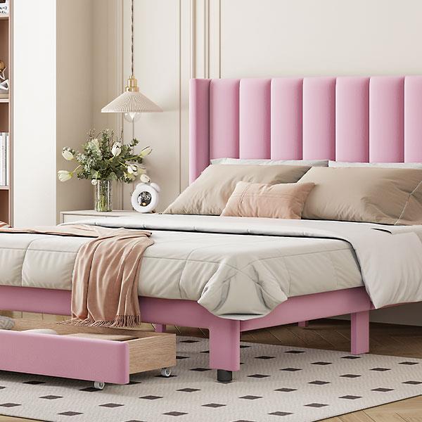 Full Size Storage Bed Velvet Upholstered Platform Bed with a Big Drawer - Pink