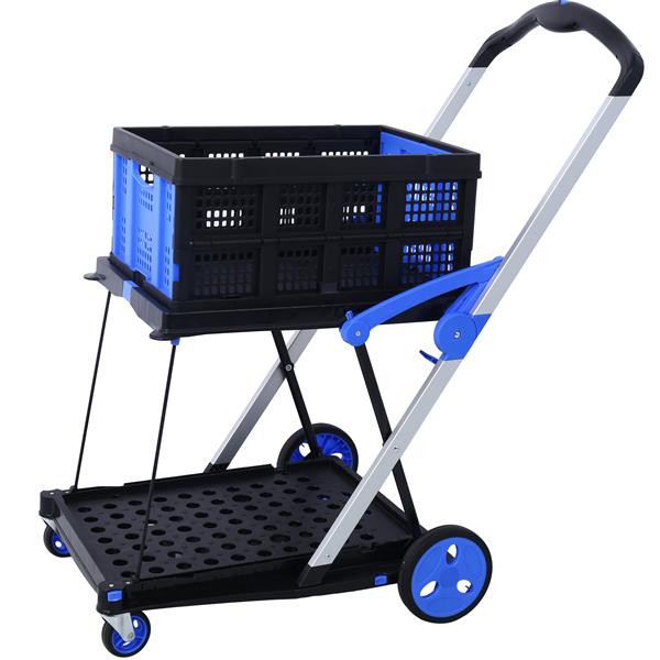 Collapsible Utility Cart Multi Use Functional Collapsible Shopping Carts 2-Tier Collapsible Shopping Cart with Baskets Carrito para Supermercado con Ruedas  blue