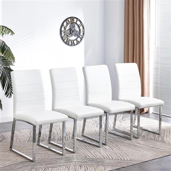 Modern Dining Chairs Set of 4 High Back Kitchen Chair with Stainless Legs 4 Piece PU Leather Chairs with Padded Seat for Dining Room Living Room Restaurant White