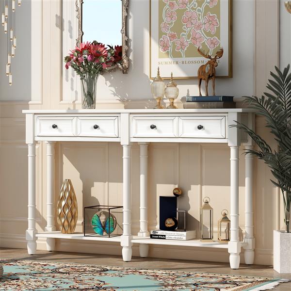 Console Table Sofa Table Easy Assembly with Two Storage Drawers and Bottom Shelf for Living Room, Entryway (Ivory White)