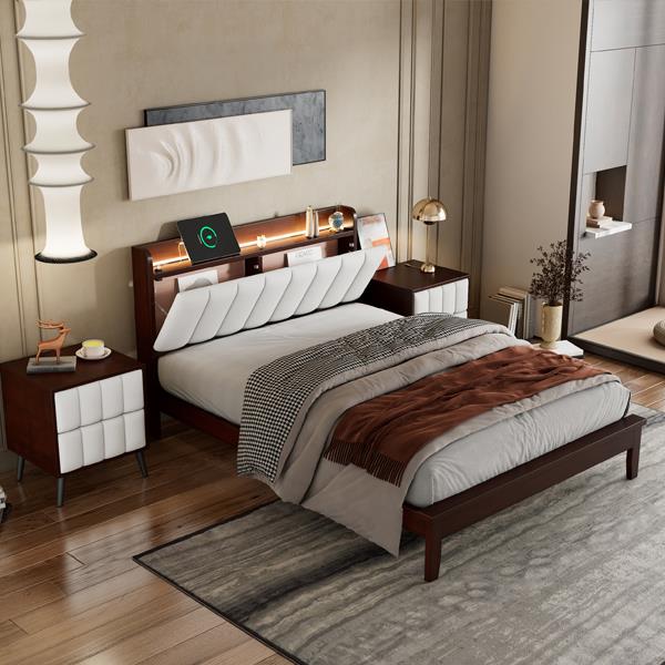 Full size Platform Bed with USB Charging Station and Storage Upholstered Headboard,LED Bed Frame,No Box Spring Needed,Walnut+Beige