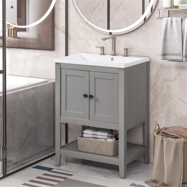 [VIDEO] 24" Grey Modern Sleek Bathroom Vanity Elegant Ceramic Sink with Solid Wood Frame Open Style Shelf