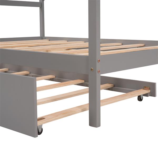 Full Size Wooden House Bed With Twin Size Trundle, GRAY