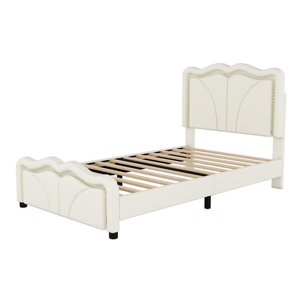 Twin Size Upholstered Platform Bed with Curve Shaped and Height-adjustbale Headboard,LED Light Strips,White