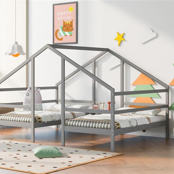 Double Twin Size Triangular House Beds with Built-in Table,Gray