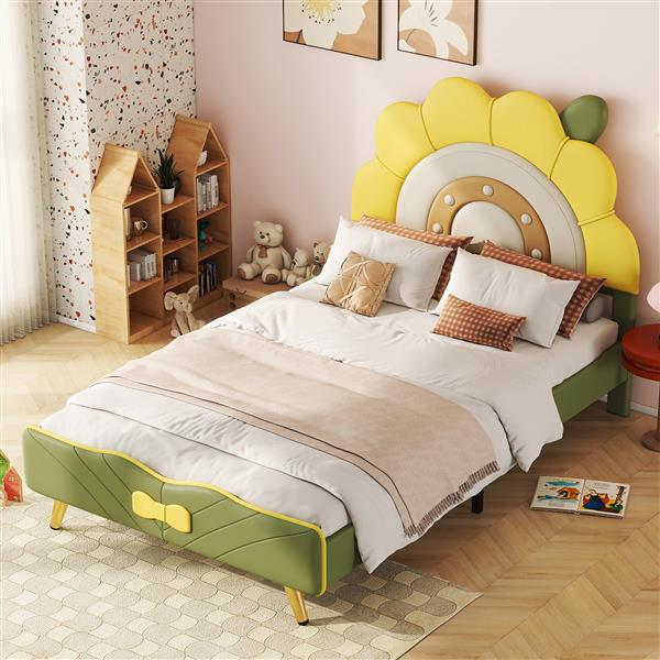 Twin Size Upholstered Platform Bed with Sunflower Shaped Headboard, Green