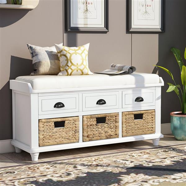 Rustic Storage Bench with 3 Drawers and 3 Rattan Baskets, Shoe Bench for Living Room, Entryway (White)