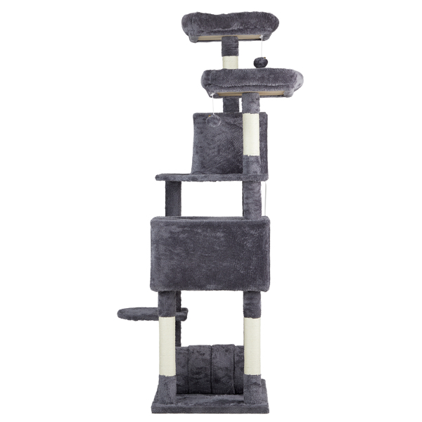 65 inch Cat Tree Cat Tower for Indoor Cats, Large Multi-Level Cat Play House Condo Furniture with Padded Platform Beds, Large Cozy Condos, Sisal Scratching Posts, Toy Balls and Cat Play Tunnel, Dark G