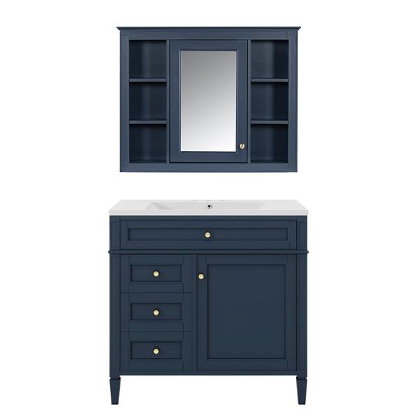 36'' Bathroom Vanity with  Medicine Cabinet, Royal Blue Mirror Cabinet, Modern Bathroom Storage Cabinet with 2 Soft Closing Doors and 4 Drawers, Single Sink Bathroom Vanity