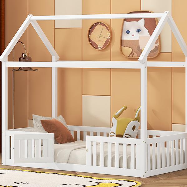 Twin Size Wood House Bed with Fence and Door, White