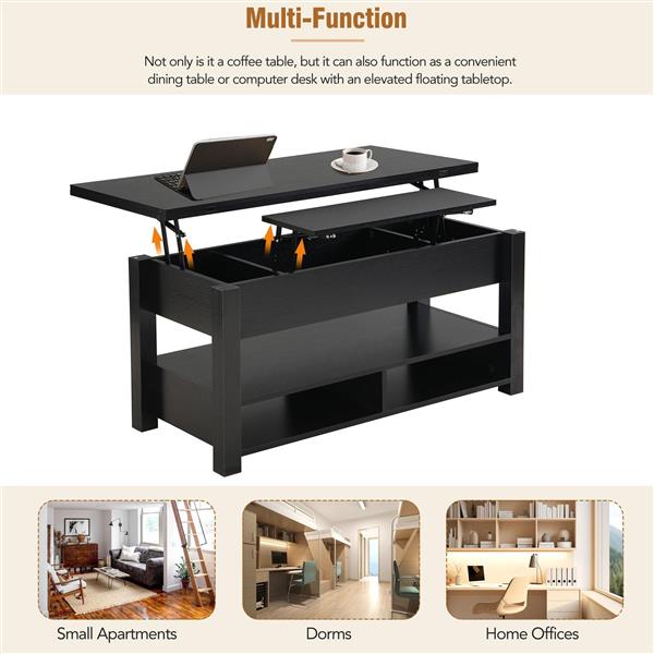 [VIDEO provided] Lift Top Coffee Table, Multi-Functional Coffee Table with Open Shelves, Modern Lift Tabletop Dining Table for Living Room, Home Office, Black