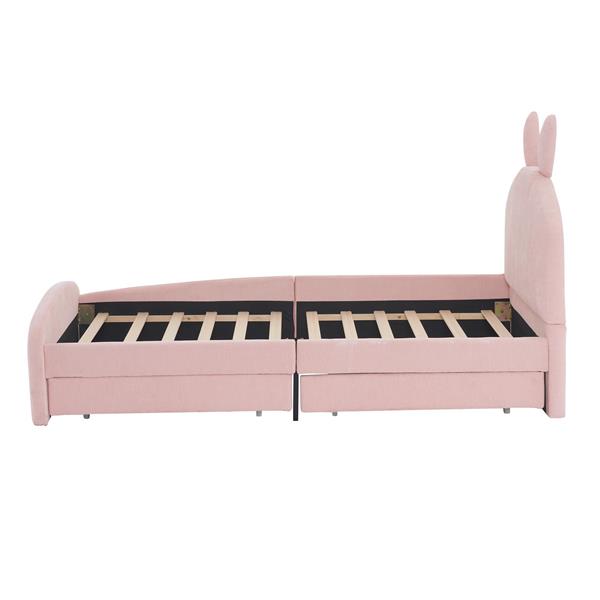 Twin Size Upholstered Platform Bed with Cartoon Ears Shaped Headboard and 2 Drawers, Pink