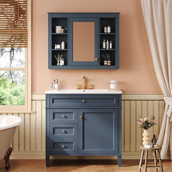 36'' Bathroom Vanity with  Medicine Cabinet, Royal Blue Mirror Cabinet, Modern Bathroom Storage Cabinet with 2 Soft Closing Doors and 4 Drawers, Single Sink Bathroom Vanity