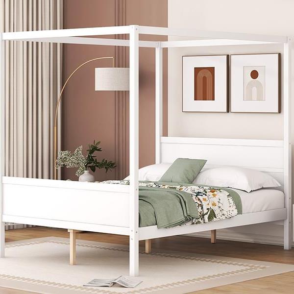 Queen Size Canopy Platform Bed with Headboard and Footboard,Slat Support Leg - White