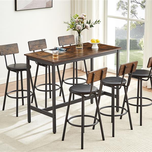 Pub High Dining Table 7 Piece Set, Industrial Style Pub Table, 6 PU Leather Bar Chairs for Kitchen Breakfast Table, Living Room, Bar, Rustic Brown, 47.2″L x 23.6"W x 35.4"H