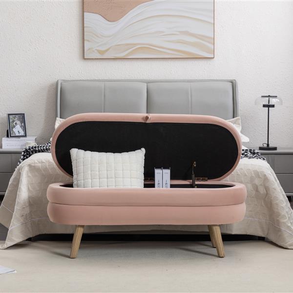 036-Velvet Fabric Storage Bench Bedroom Bench With Wood Legs For Living Room Bedroom Indoor,Light Pink