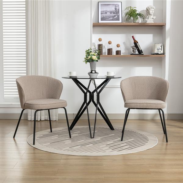 042-Set of 2 Boucle Fabric Dining Chairs With Black Metal Legs,Light Coffee