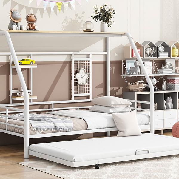 Twin Size Metal House Bed with Trundle, White