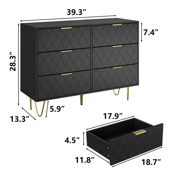 Modern black 6 Drawers for Bedroom, Modern 6 Drawer Dresser, Wide Chest of Drawers with Gold Handles, Wood Double Dresser Storage Cabinet for Living Room, Bedroom, Hallway 