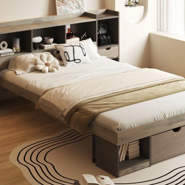 Queen Size Wood Platform Bed with Multi-storage Headboard and a Drawer, Gray