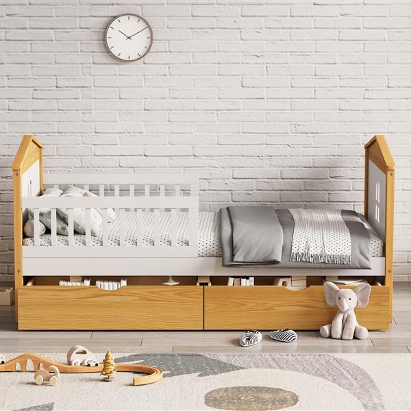 Twin Size House Shape Bed with  Two Drawers Wooden Bed for Girls Boys Teens, No Box Spring Needed, Walnut and White