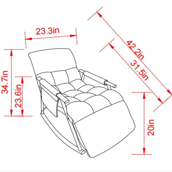 Casual folding rocking chair upholstered, lounge rocking chair adjustable high back and foot rest,side pockets placed in living room bedroom balcony