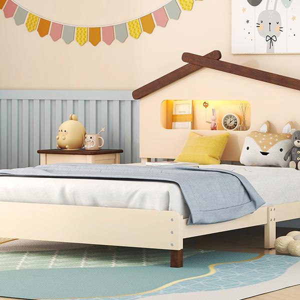 Full Size Wood Platform Bed with House-shaped Headboard and Motion Activated Night Lights (Cream+Walnut)