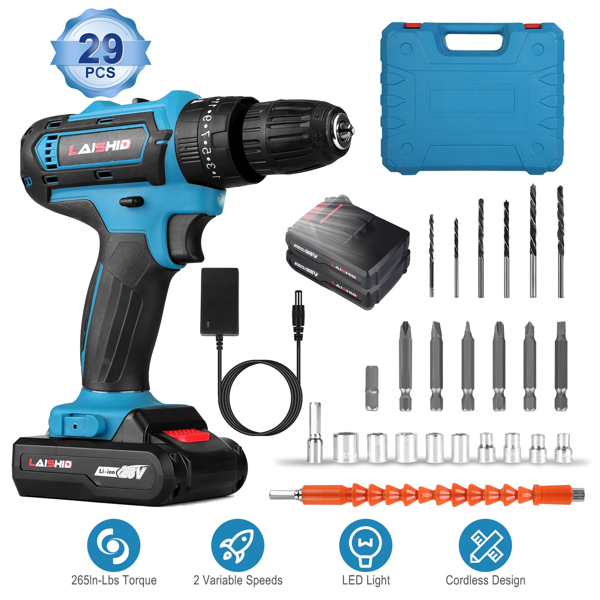 Cordless Drill Set With 2Pcs 28V Batteries and Charger 2 Variable Speeds 3/8In Keyless Chuck 265ln-lbs 25+3 Torque Positions Included 24Pcs Drill Bits For Home Car Repair Handmade