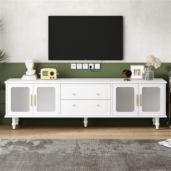 Retro Design TV Stand with Fluted Glass Doors for TVs Up to 78'', Practical Media Console with 2 Drawers and Cabinets, Elegant Entertainment Center for Living Room, White