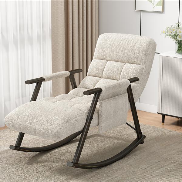 Casual folding rocking chair upholstered, lounge rocking chair adjustable high back and foot rest,side pockets placed in living room bedroom balcony