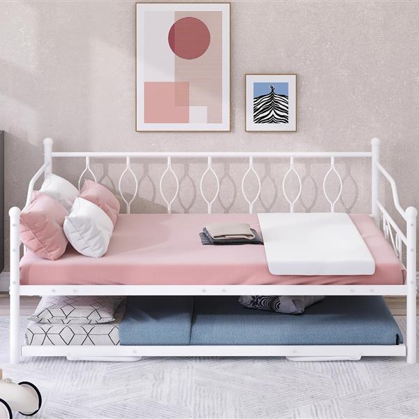 Full Size Metal Daybed with Twin Size Adjustable Trundle, Portable Folding Trundle, White