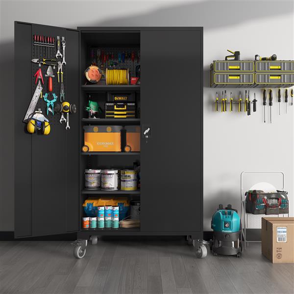 Upgraded Wide 39.37 Inch & Depth 19.69 Inch Metal Storage Cabinet 72 Inch Black Lockable Garage Cabinet with Wheels  Heavy-Duty Steel Cabinet with Doors & 4 Adjustable Shelves for Home, Office