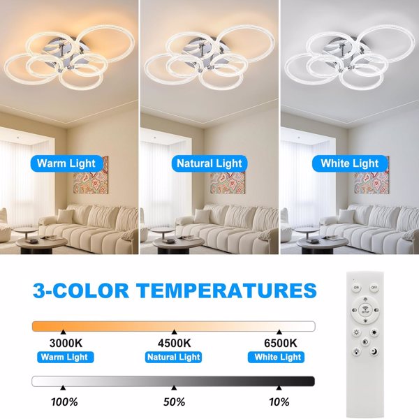 Modern LED, Flush Mount Ceiling Light with Dimmable Remote Control, 6Rings Acrylic Fixture for Bedroom, Living Room, Kitchen, Office Lamps (6 Heads)[Unable to ship on weekends, please note that]