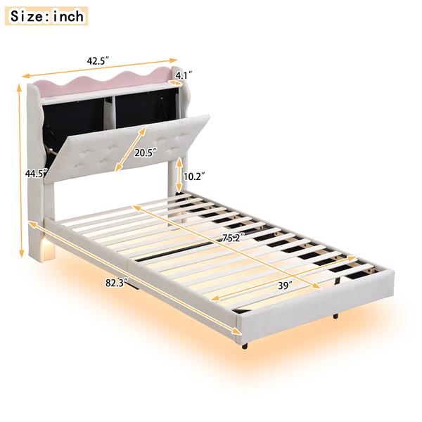 Twin Size Upholstery Platform Bed Frame with LED Light Strips,Headboard Storage Space and Two USB Charging Deisgn,Beige