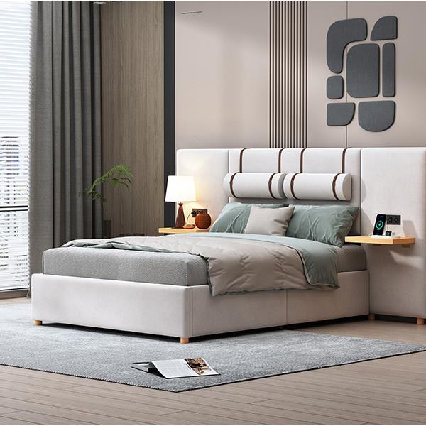 Full Size Upholstered Platform Bed, Two Outlets and USB Charging Ports on Both Sides, Two Bedside Pillows, Storage Shelves, Beige