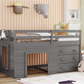 Twin Size Loft Bed with Cabinet and Shelf - Gray