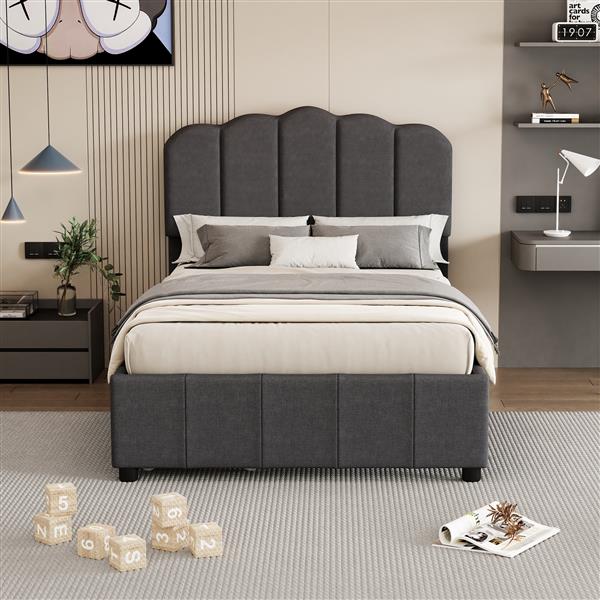 Twin Size Upholstered Bed with 2 Storage Drawers,Wood Slat Support, Gray