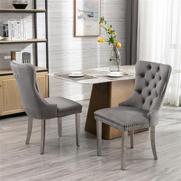 Furniture,Modern, High-end Tufted Solid Wood Contemporary Velvet Upholstered Dining Chair with Chrome Stainless Steel Plating Legs,Nailhead Trim,Set of 2,Gray and Chrome