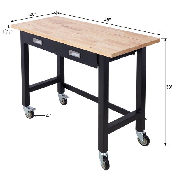 48in Work Bench, Workbench with Drawer Storage, Heavy Duty Bamboo Wood Work Table with Wheels for Garage Home Office