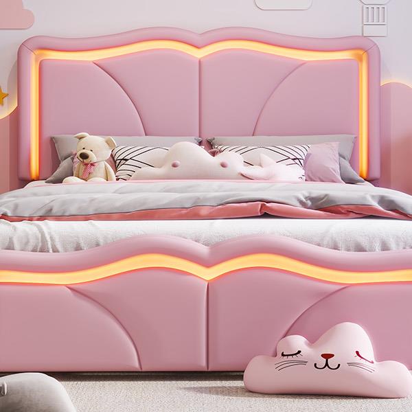 Full Size Upholstered Platform Bed with Curve Shaped and Height-adjustbale Headboard,LED Light Strips,Pink