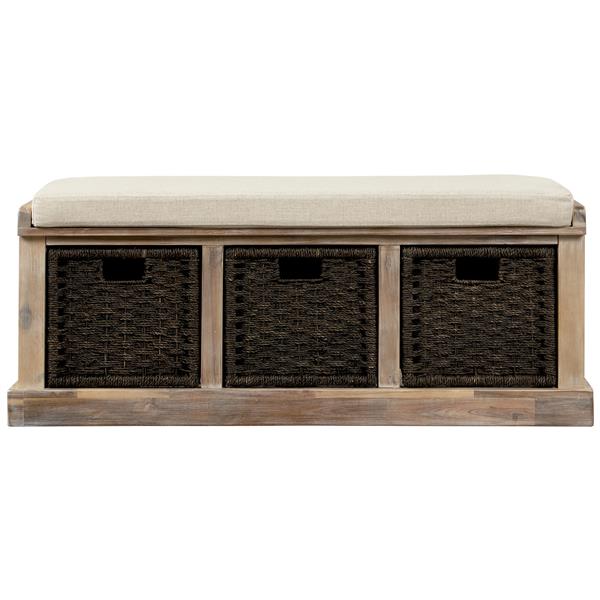 Rustic Storage Bench with 3 Removable Classic Rattan Basket , Entryway Bench with Removable Cushion (White Washed)